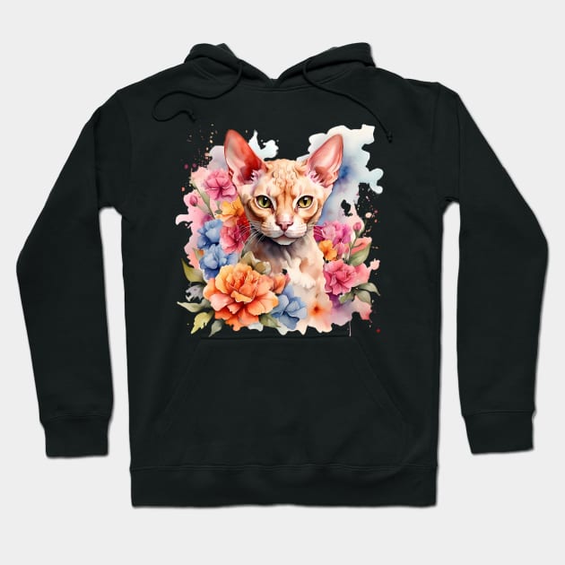 A devon rex cat decorated with beautiful watercolor flowers Hoodie by CreativeSparkzz